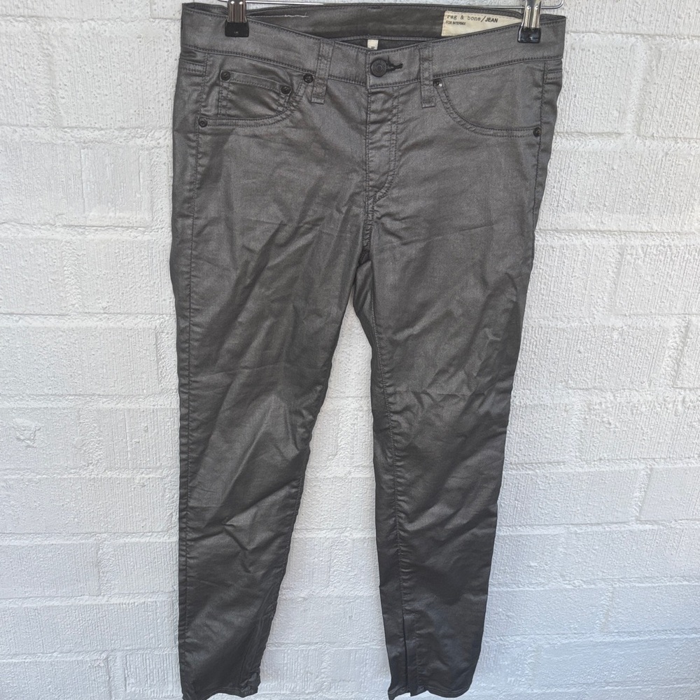 Rag & Bone Coated Shiny Silver Super Skinny Ankle Zipper Jeggings sz 28